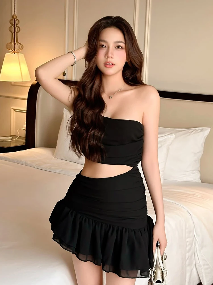 WEIRD PUSS American Sle Slim Fit ort Dr Women's Gown with Waist Exposure Asymmetrical oulder Pleated Chiffon Summer ...