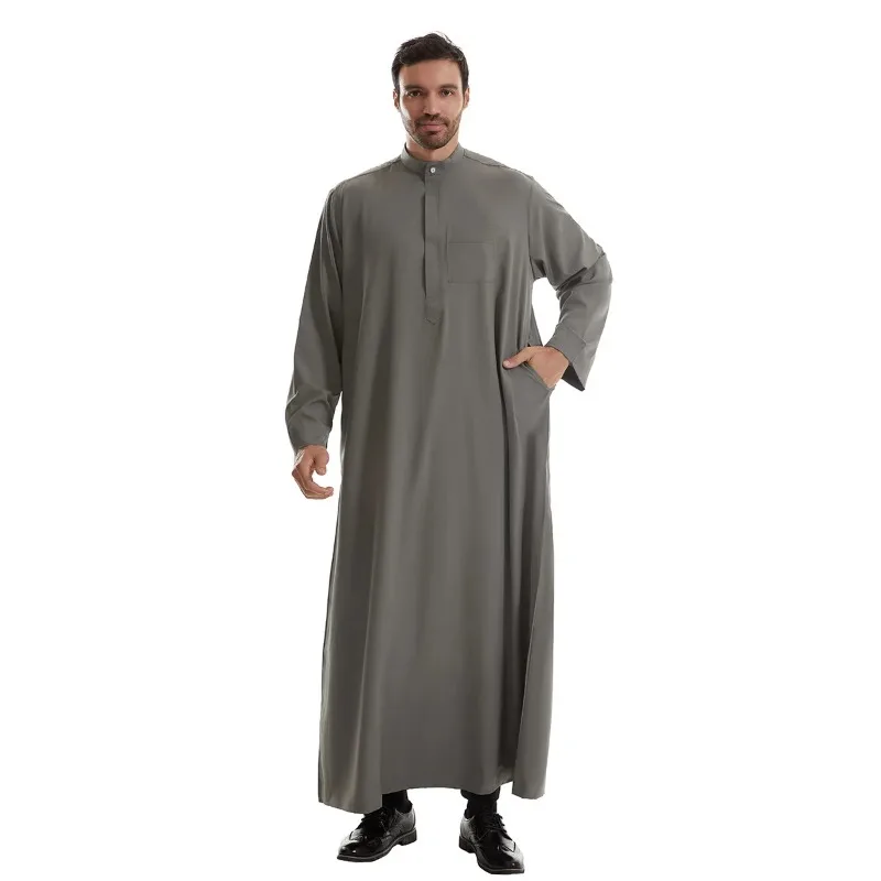 Baru 2024 Muslim Timur Tengah pria lengan panjang leher kru Arab warna Solid Islami Kaftan Maxi Dubai panjang Jubba Thobe pakaian Abaya