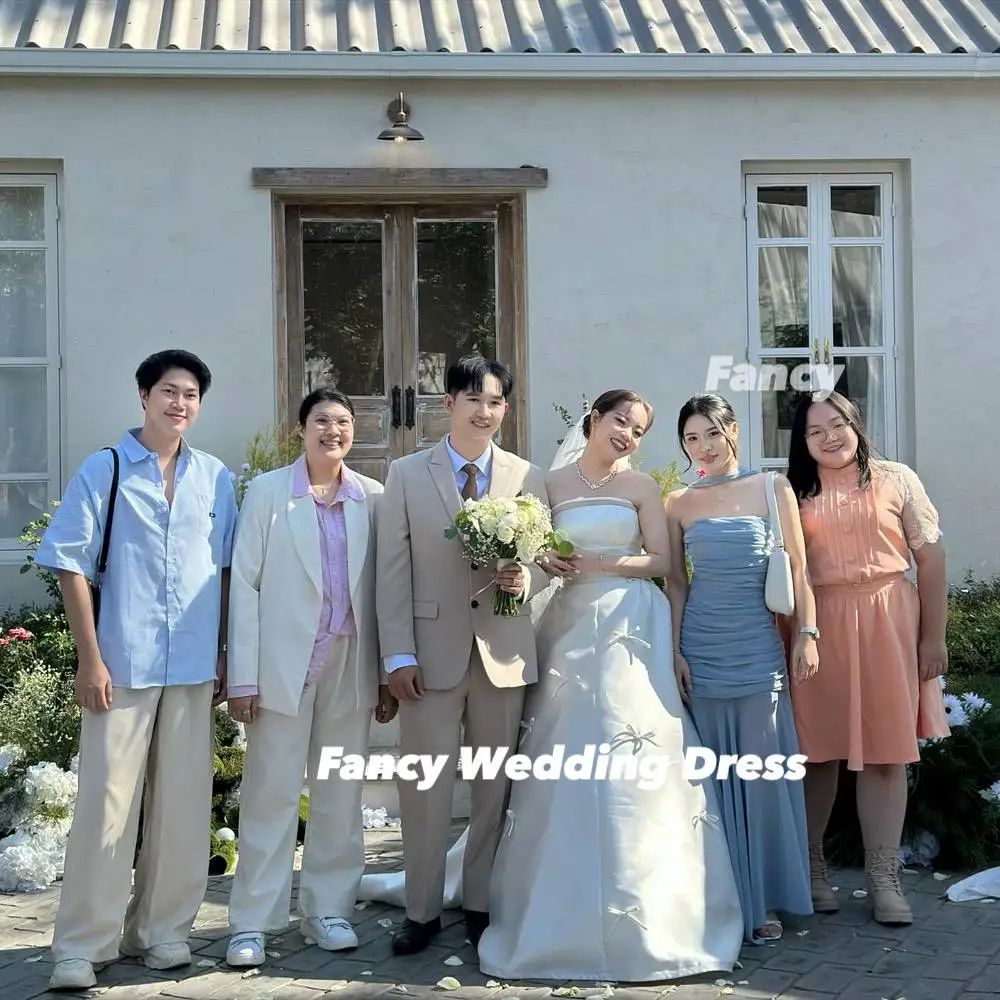 Fancy Simple Strapless Bow Wedding Dress A Line Soft Satin Bridal Gown Floor Length Back Corset Wedding Party Dresses Customized