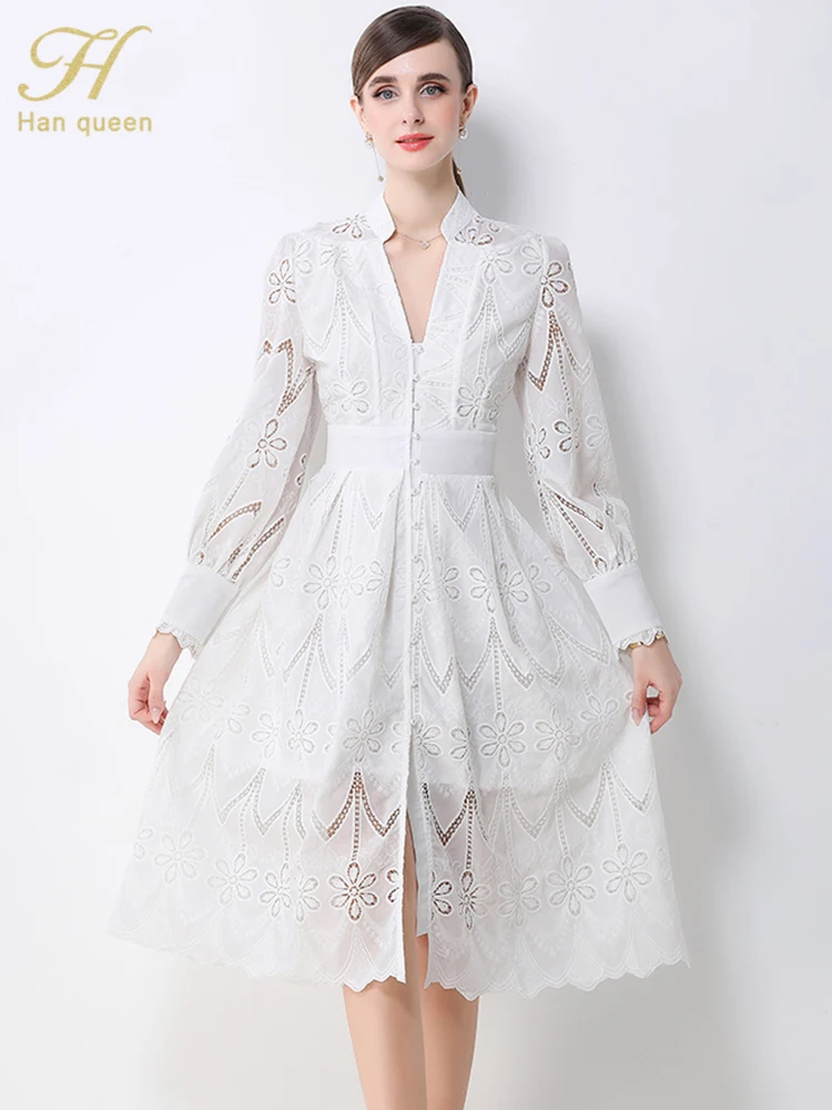 فستان دانتيل ربيعي للنساء من H Han Queen بفتحة رقبة على شكل حرف V وأكمام واسعة وصدر واحد وخصر عالٍ فساتين حفلات كلاسيكية على شكل حرف a