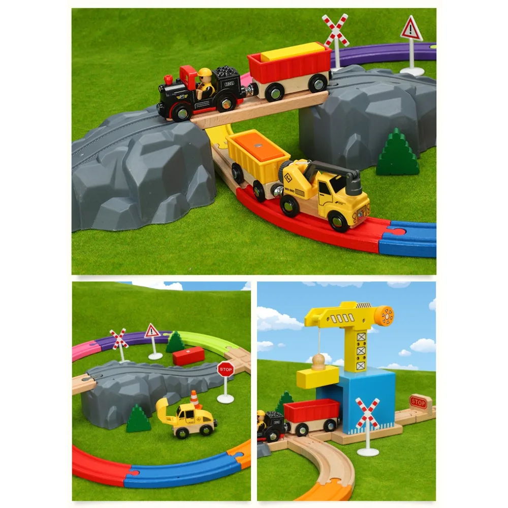 Treno Pista di Legno Giocattolo Auto Combinazione Bambino 1:64 Miniera Sito Ferroviario Trasporto Compatibile Con Tracce di Legno Nuovo Stile Regalo PD72