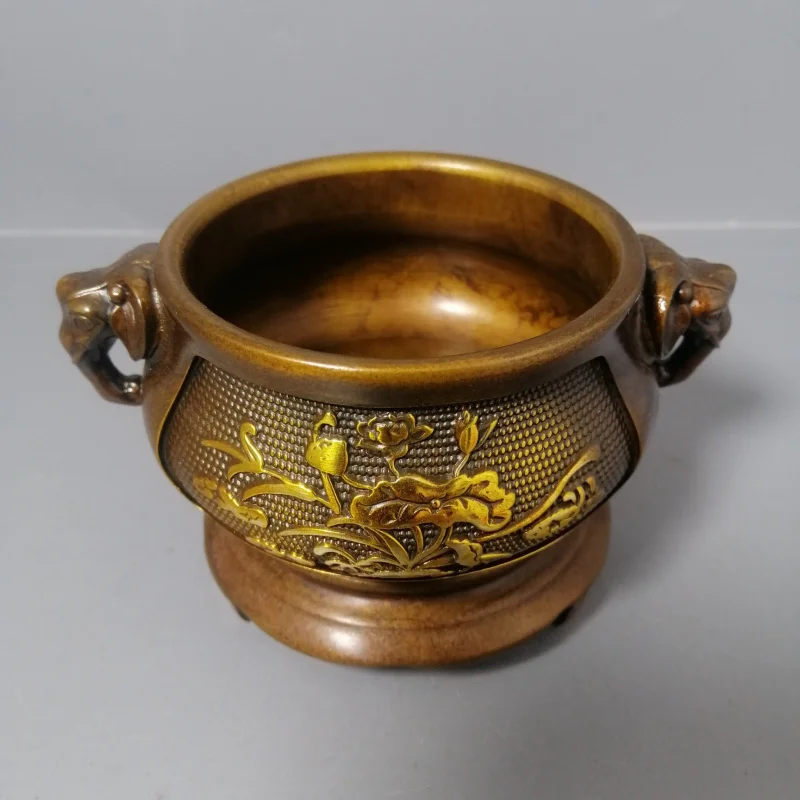 Antique Brass Gilt , Elephant Ear Lotus , Xuan De Incense , Aromatherapy Burner, Craft Item