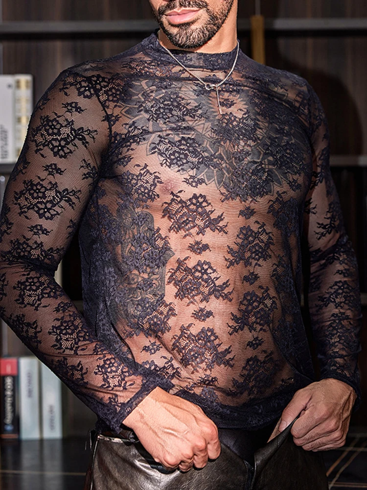 Sexy See Through Mesh Jumpsuits Tees Mens Spring Party Fashion Patchwork Mesh T-shirts Men Stylish Slim Fit Long Sleeve Pullover
