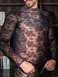 Sexy See Through Mesh Jumpsuits Tees Mens Spring Party Fashion Patchwork Mesh T-shirts Men Stylish Slim Fit Long Sleeve Pullover