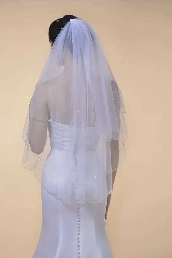 Bridal Wedding Ivory Veil 2 Tier Handmade Elbow Beaded With Comb Soft Tulle