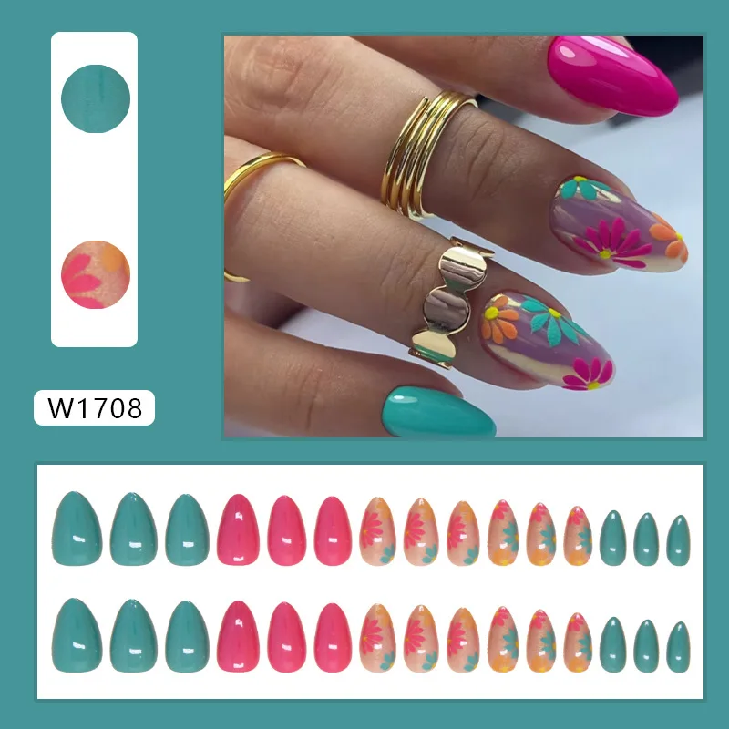 24Pcs Small Flower Fake Nails Square Press on Nails Set Glossy Full Cover Fake Nails with Glue Stick Solid Color False Nails Set