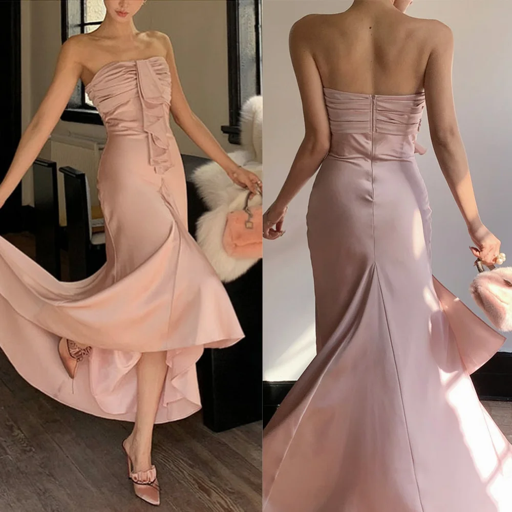 

Exquisite High Quality Sparkle Satin Pleat Cocktail Party Mermaid Strapless Bespoke Occasion Gown Long Dresses