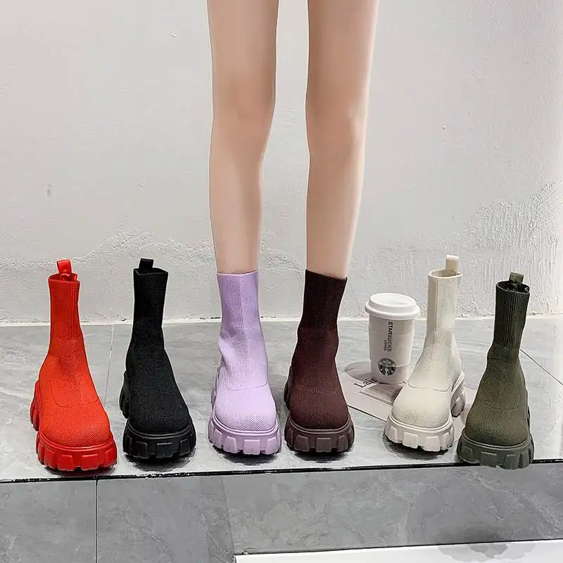 

Women's ort Boots Winter New Casual Knitted Mid-Calf Thi Bot Faion So Boots round Toe mid Heel Korean Sle Boots