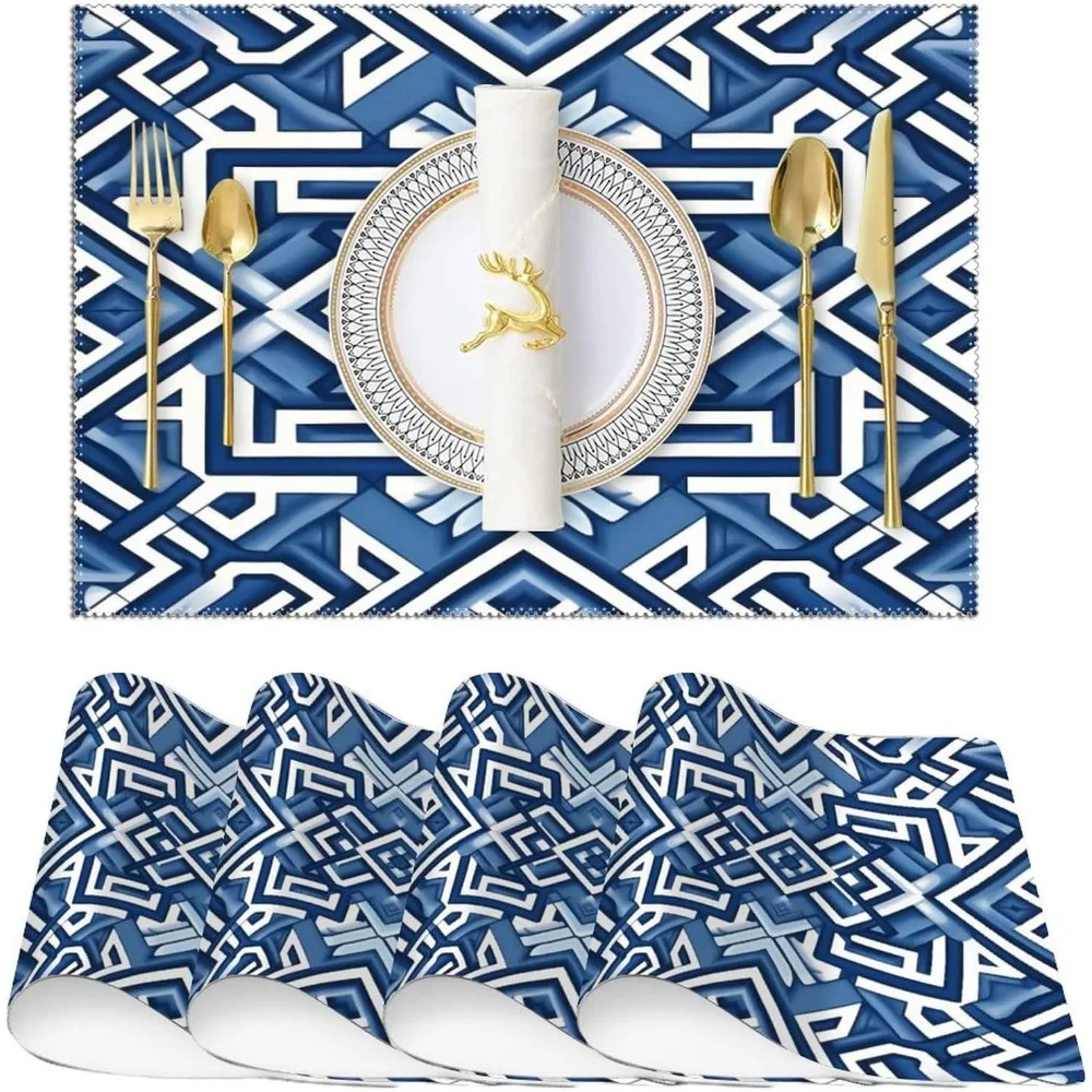 

Geometric Place Mats Blue And White Foldable Anti-Skid Table Placemat Set Of 4 Vintage Rustic Dining