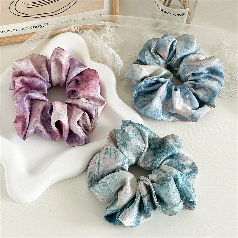 

Woman Large Elegant Tie dyeing Satin Elastics Hair Band Girls Fashion Scrunchies Hair Ties Lady Ponytail Holder Hair Accessories