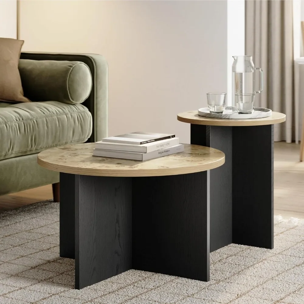 47 Wooden coffee table set of 2 - Round nested coffee table - 2 piece set of coffee table - top with solid black base