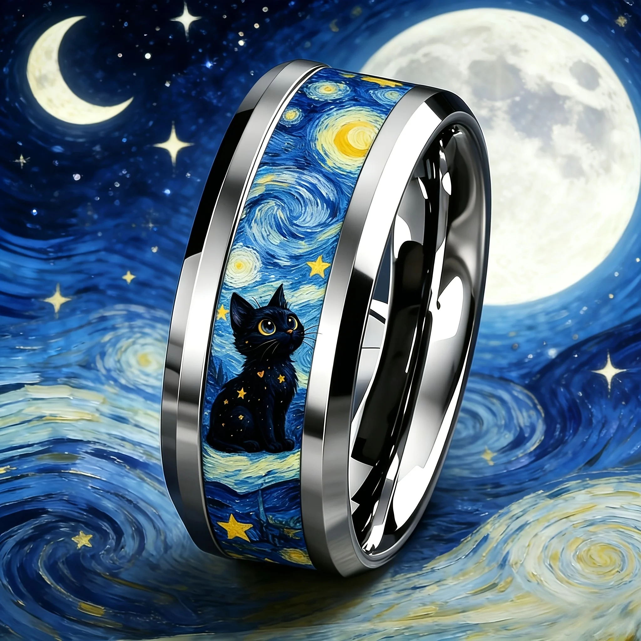 Vintage Cat Looking Up At The Stars and Moon Ring Classic Artistic Oil Painting Stainless Steel Rings For Women Men Jewelry Gift
