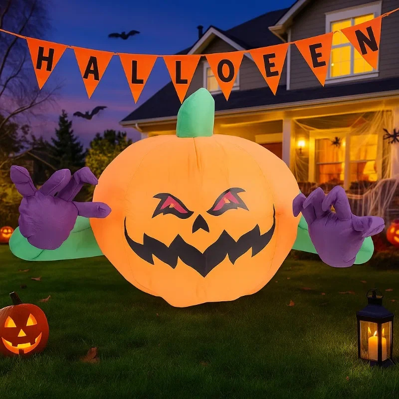 Juguetes inflables de 4,3 pies, decoraciones de Halloween, decoraciones de cabeza de calabaza de mano púrpura, decoración del hogar, fiesta de Navidad, decoración navideña