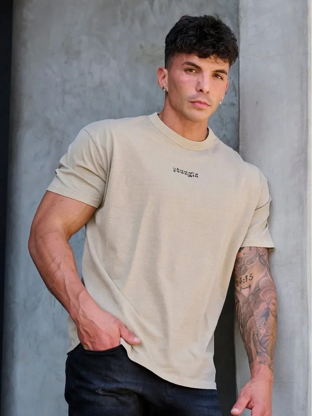 

YOUNGLA American men's oversized T-shirt muscle sports fitness cotton round neck short sleeve gym running basketball training