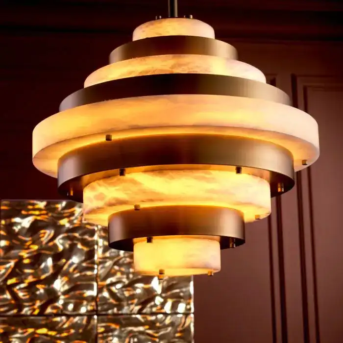 Modern Entrance Foyer Fixture Hall Staircase Large Hanging Light  Antique Brass Finish Natural Spanish Alabaster Pendant Light
