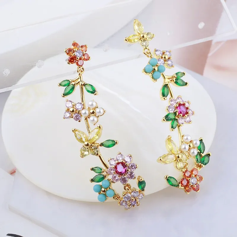 

European And American Jewelry Wholesale Spring Series Sen Series Colorful Zircon Pearl Butterfly Flower Lady Earrings Female