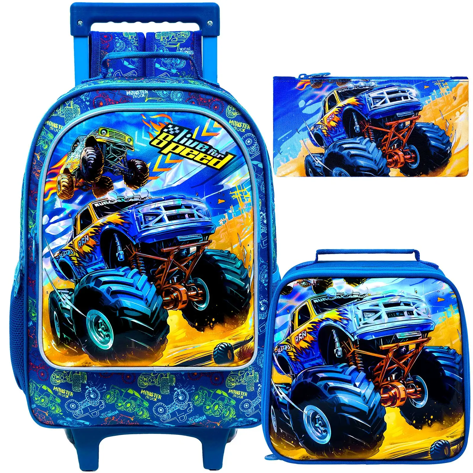 

3Pcs Rolling Backpack for Boys, Kids Roller Wheels School Bookbag with Lunch Bag, Wheeled School Bag for Children