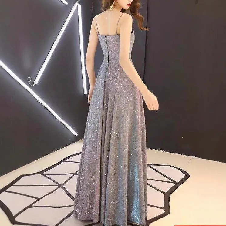 ชุดราตรีผู้หญิงแขนกุดไล่เฉดสีแบบสายเดี่ยวยาวกรอมพื้นทรงเอไลน์สำหรับงานปาร์ตี้หรูหราเอวสูงชุดราตรีออกงานกลางคืน