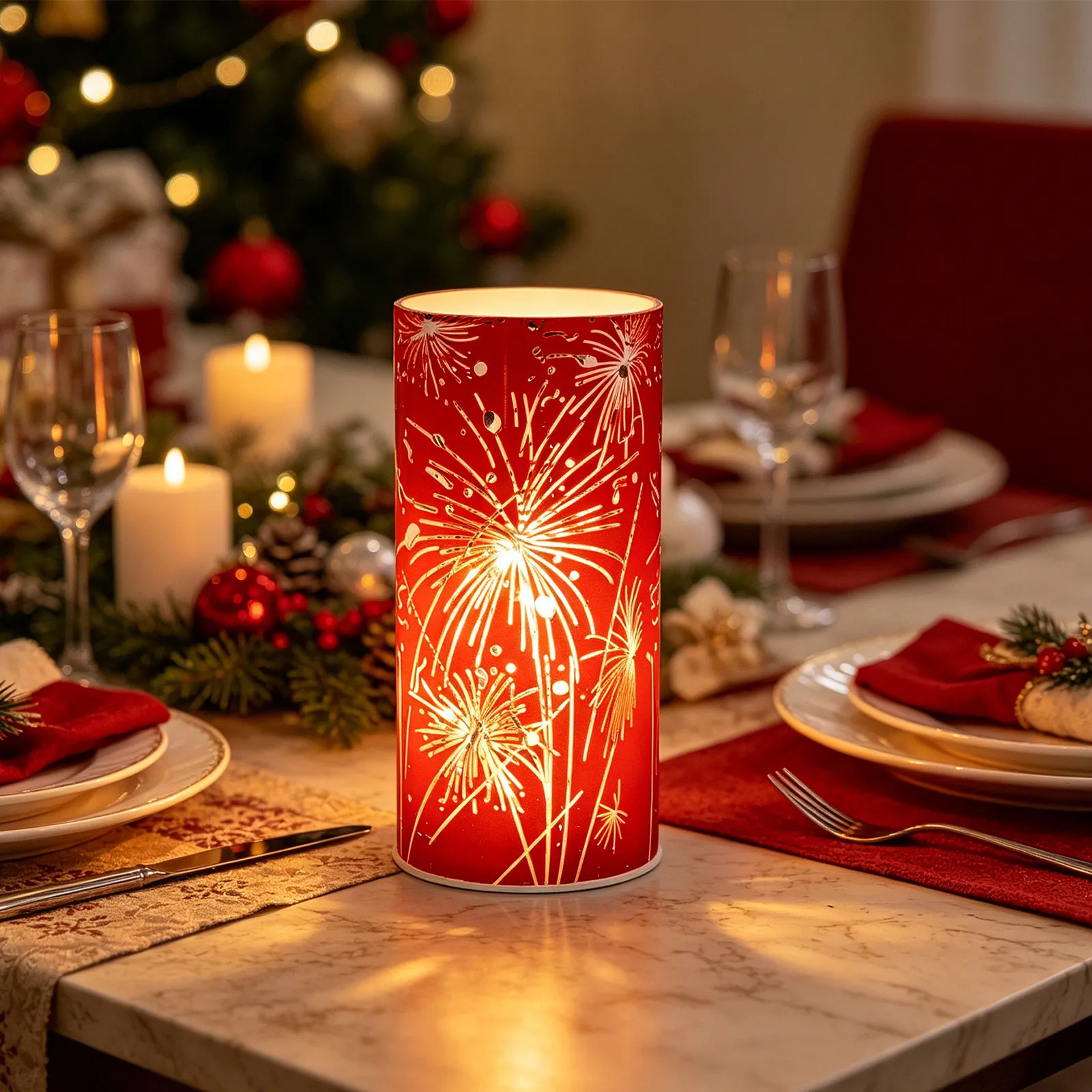Glowing Red Flameless Glass Pillars Hurricane LED Lantern Christmas Wedding Party Mantel Decorative Sparkler Light