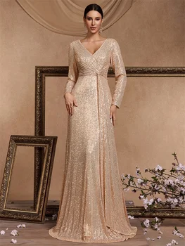 Lucyinlove Luxe Vloerlengte V-hals Avondjurk 2024 Vrouwen Elegante Partij Maxi Jurk Pailletten Lange Mouwen Prom Cocktailjurk