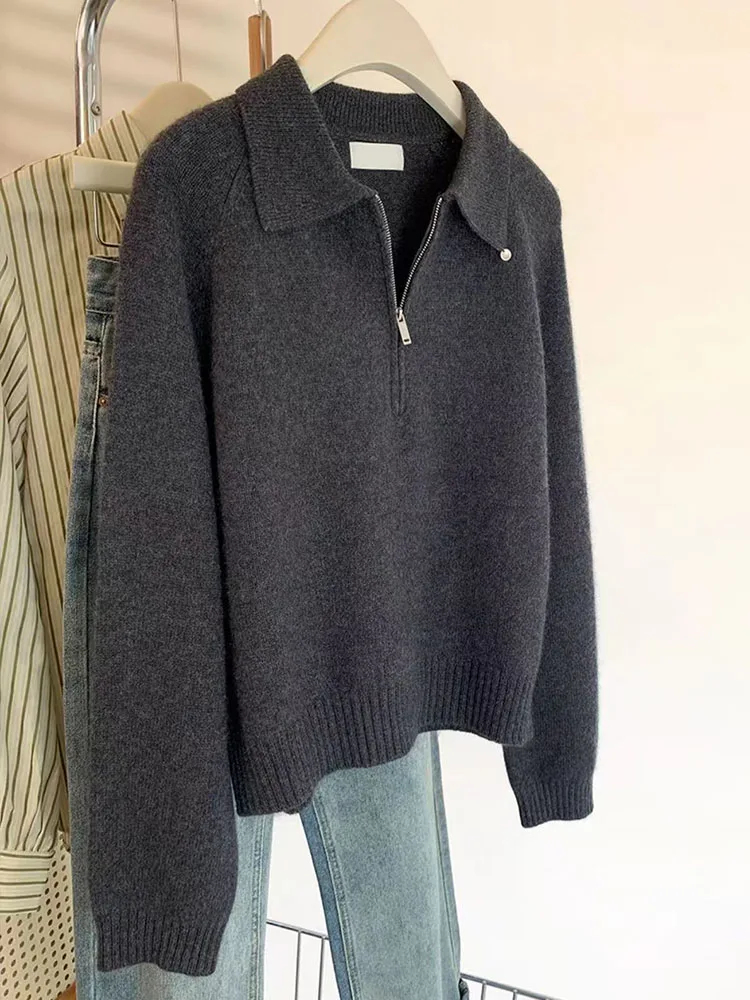 

Fashionable Knitted Neck Half Zip Sweater Women's Autumn Winter Small Size Top Deep Grey Commute Style Loose Fit Soft