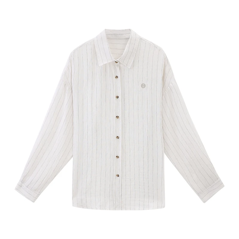 ALXNAN Kemeja Bergaris Kasual Tabir Surya Kasual Lengan Panjang Blus 2025 Musim Panas Elegan Longgar Liburan Pakaian Wanita L56567