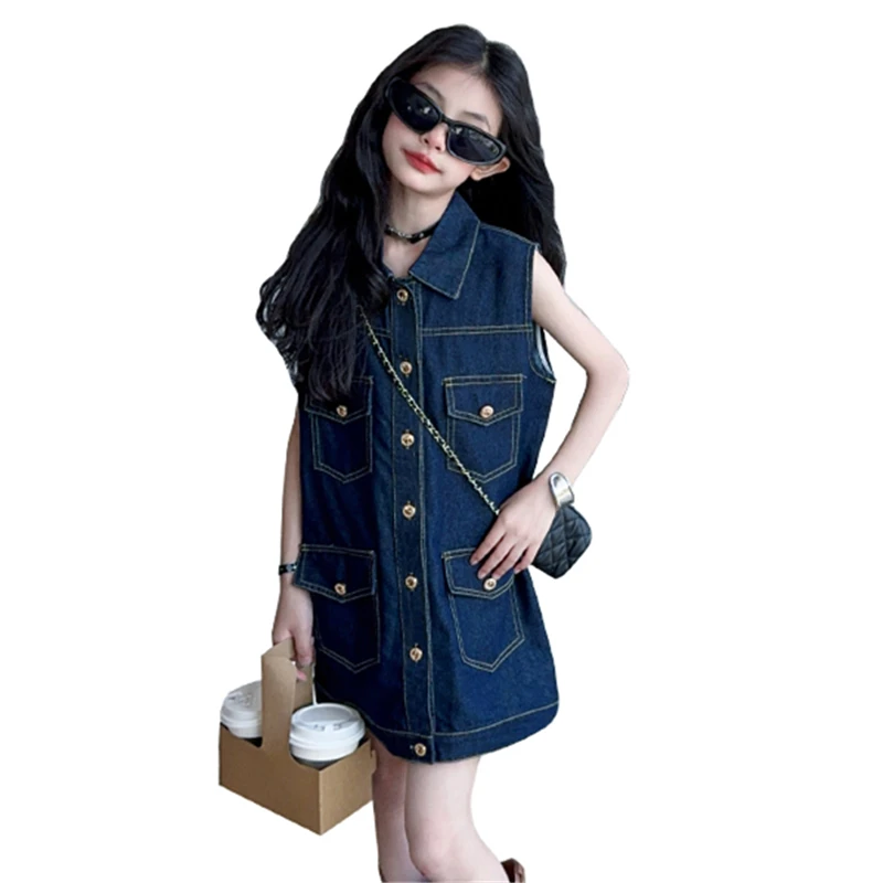 

Kids Child Fashion Summer Cool Blue Denim Blouse Dress For Girl Y2K Streetwear Cowgirl Retro Brief Button Sleeveless Jeans Dress