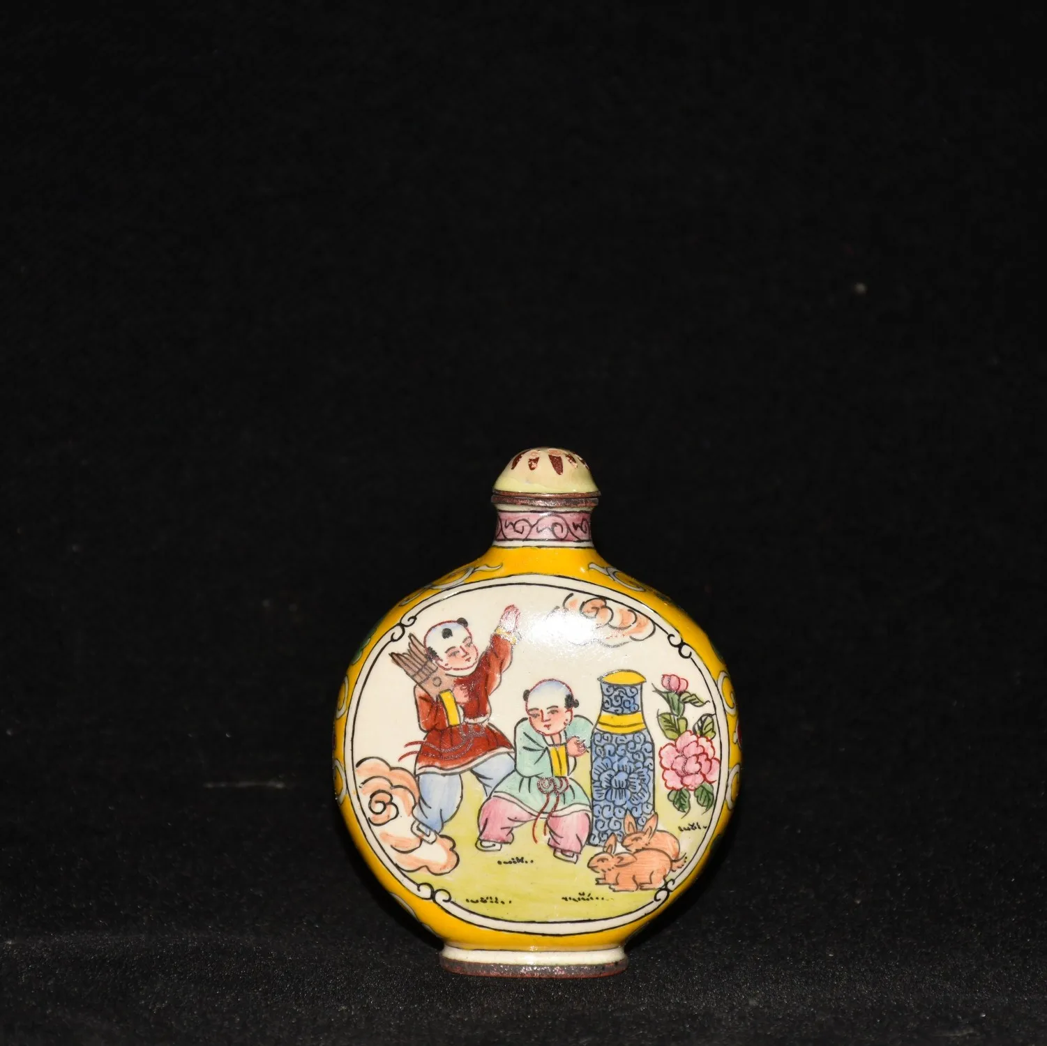 China Glass Painting Tongzi Boy Fish Medicine Storage Tank Snuff Bottle Pot