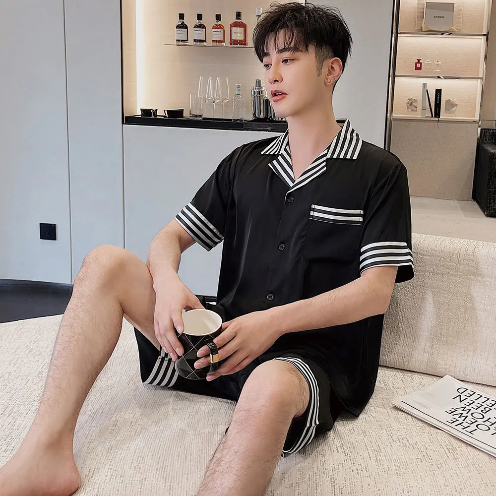 Autumn Men Satin Striped Turn-Down Collar Short Sleeve Shirt Shorts Pijama Sleepwear Pajama Nightwear Homewear