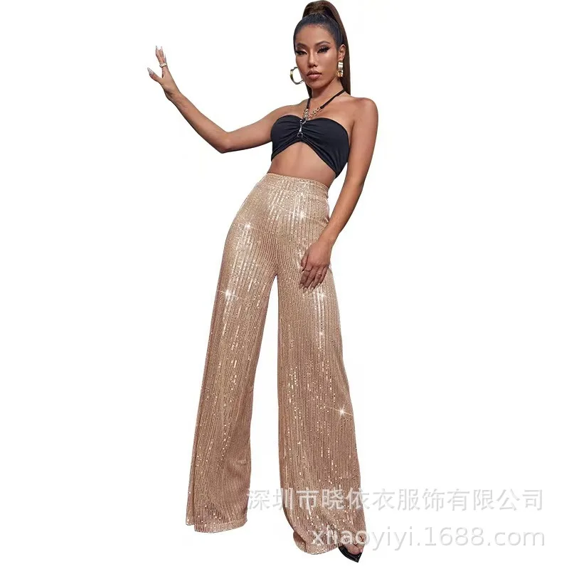 New Women's Solid Color Wide-leg Pants Casual Fashion Elegant Black Sequins Holiday For Women Long Pant Womens Clothing