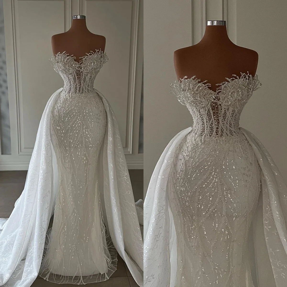 

Luxury Mermaid Wedding Dress Sweetheart Strapless Lace Beads Bridal Dress Bareback Detachable Train Robe Customization