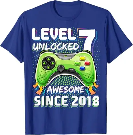 7th Birthday Boy T-Shirt Level 7 Unlocked Since 2018 Gamer 7-Year Old Video Game Controller Party Saying Tee Sons Nephew Gifts