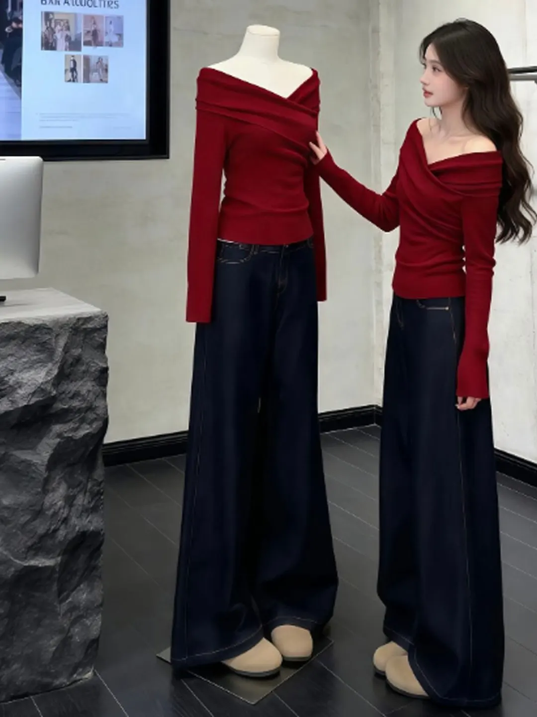 

Красная одноразовая приталенная футболка, весенняя уникальная красивая женская модная корейская футболка с длинным светом для празднования года...