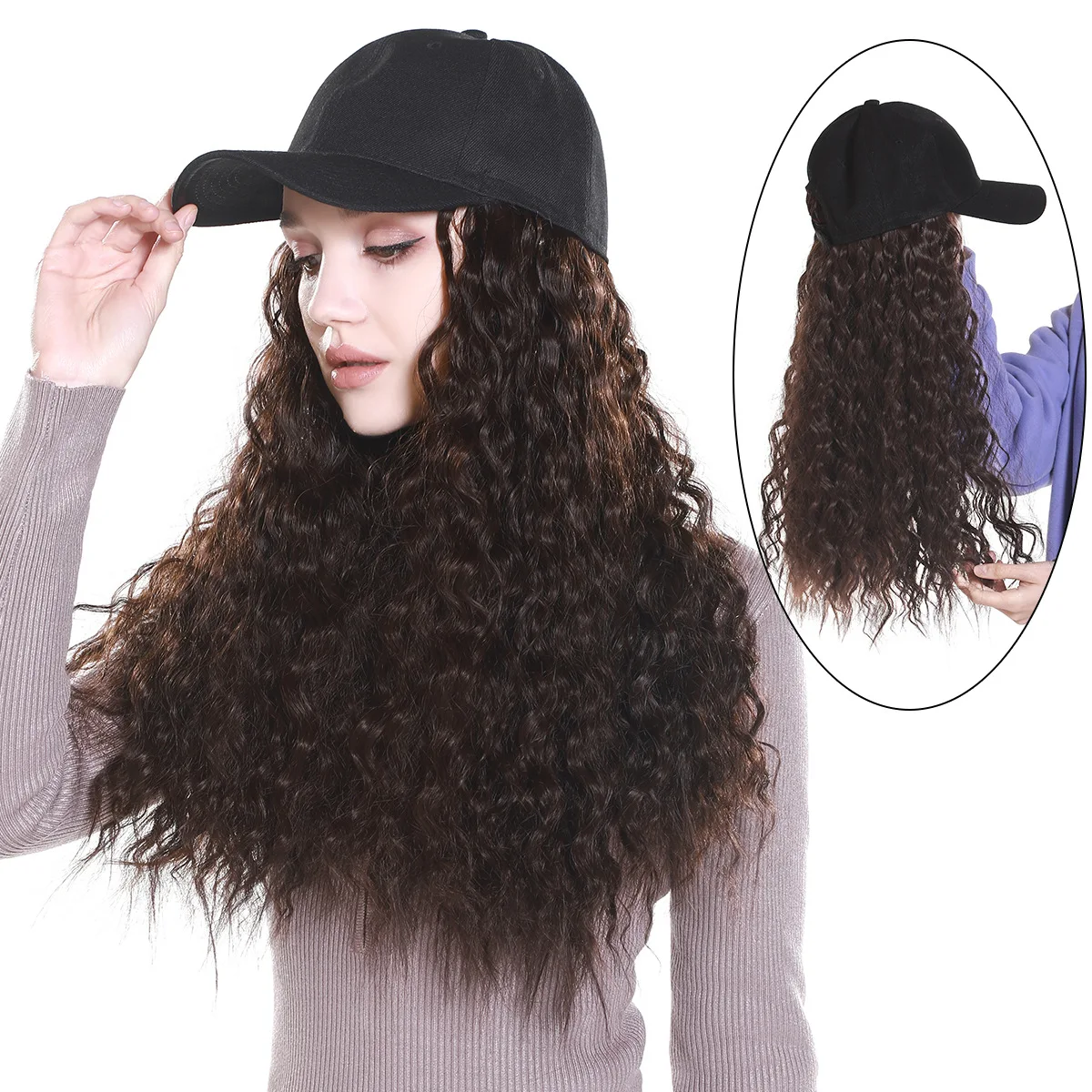 

European and American style hat wig ladies baseball cap corn row synthetic full head wig long curly hair for daily wear