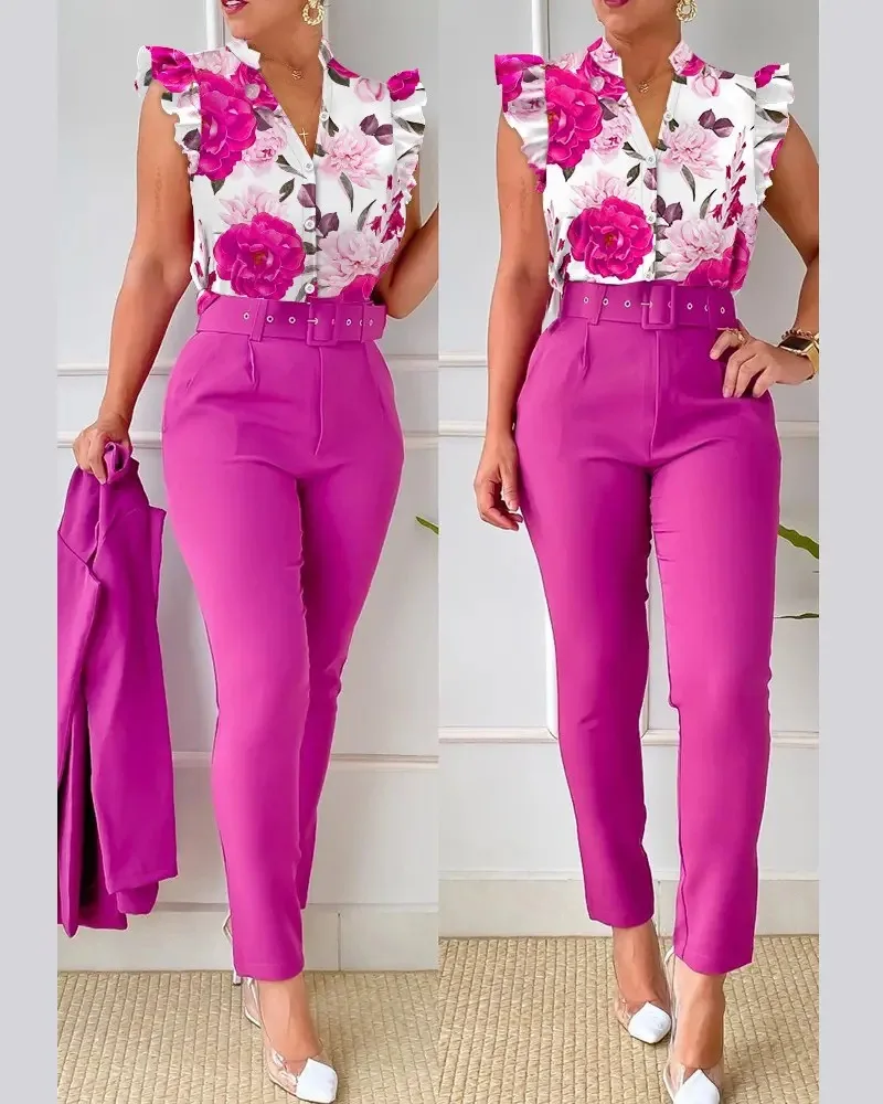 Spring Summer Women's Printed Lotus Leaf Sleeveless Shirt Suit Pocket Slim Femal Office Solid Color Long Pants Belt 2 Piece Set