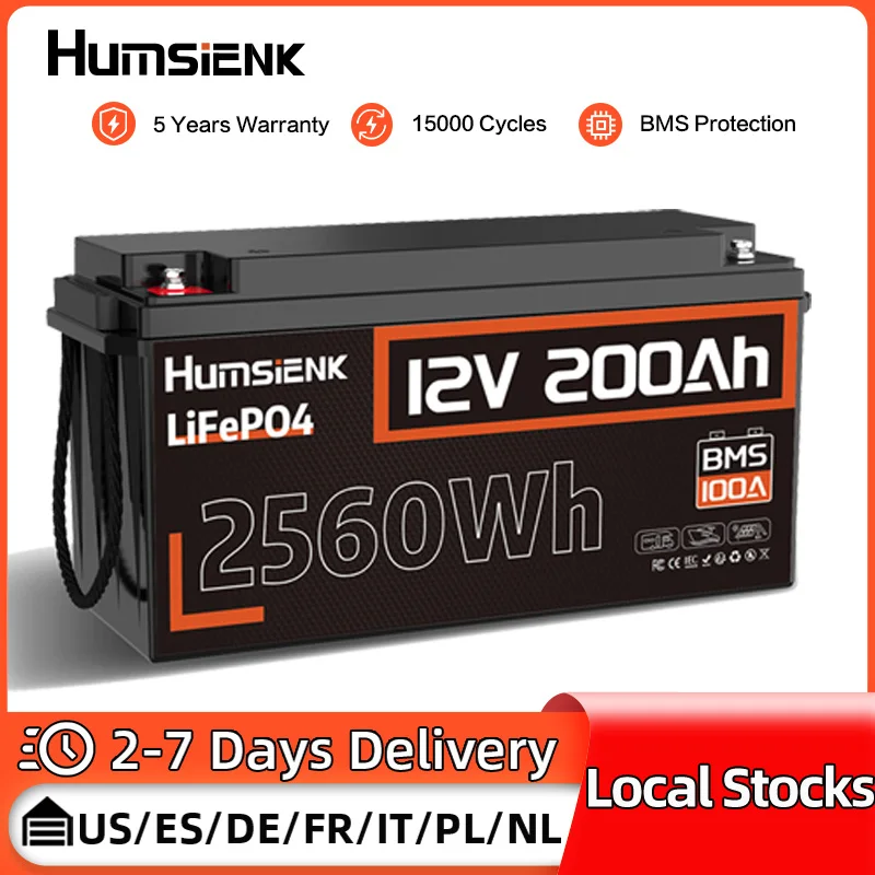 Humsienk 12V 200Ah LiFePO4 Battery 100A BMS Lithium Iron Phosphate Rechargeable Battery 2560W Nominal Capacity For Boat/RV/Fish