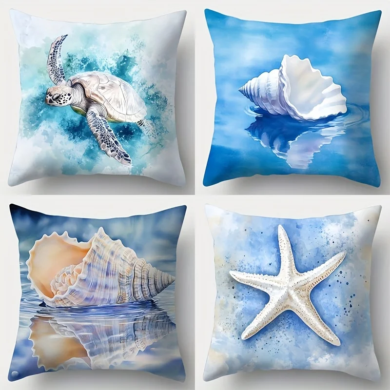 Coastal Marine Ocean Sea Turtle Starfish Seashell Pillowcase Throw Cover Nautical Beach Decor Art Print