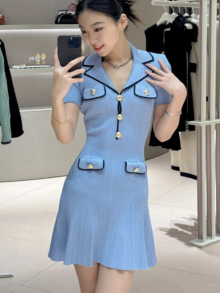 

V-neck short-sleeved knitted dress temperament elastic slim-fit women's dress spring new mist A-word dresses vestidos para mujer
