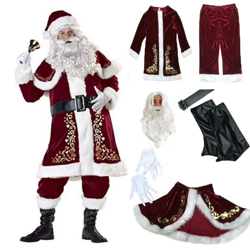 Rood Deluxe Fluwelen Fancy 8 Stuks Set Xmas Party Man Kinder Familie Kostuum Xmas Santa Claus Pak Volwassen Kerst Cosplay Kostuum