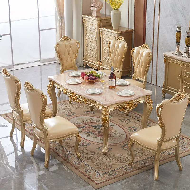 European dining table All solid wood square table Marble champagne Gold dining table and chair combination Restaurant Luxury rec