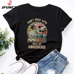 JFUNCY 5XL Women Summer T-shirt Dinosaur Letters Print Tees Short Sleeve Woman Tshirt 100% Cotton Female Tops