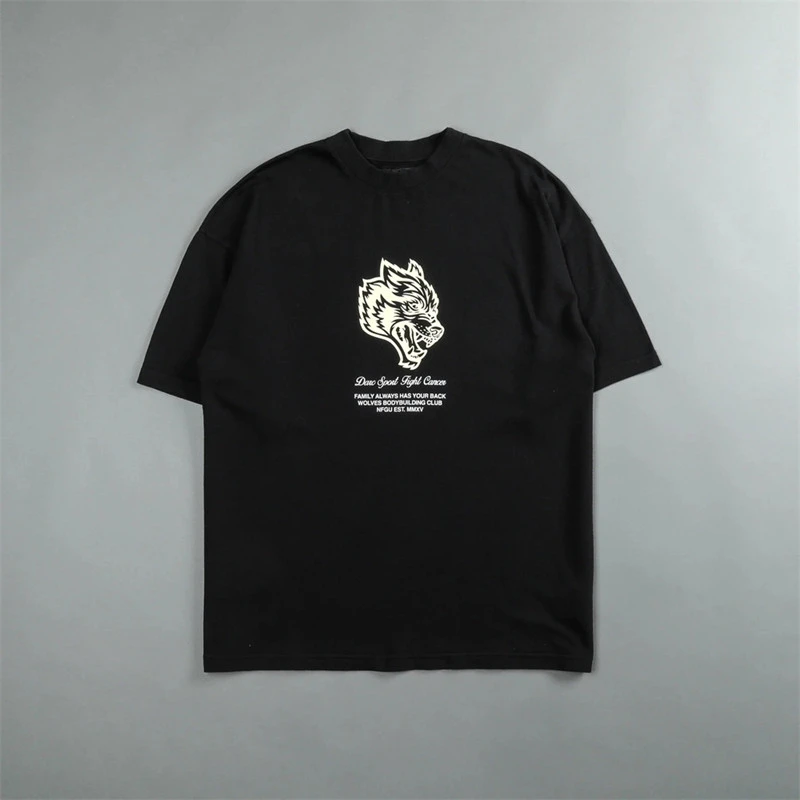 Wolf Head Gym T-Shirt Men Oversized Graphic Tee Roaring Wolf Chest Print Gym Bodybuilding Workout Fitness Casual Cotton Tops