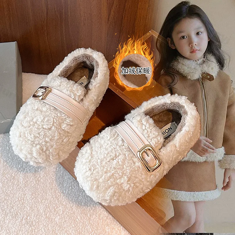 Girls Cotton Shoes 2025 Winter Warm Plush Fur Fluffy Children Flat Shoes Kids Comfortable Retro Anti Slip Fashion Casual Shoes