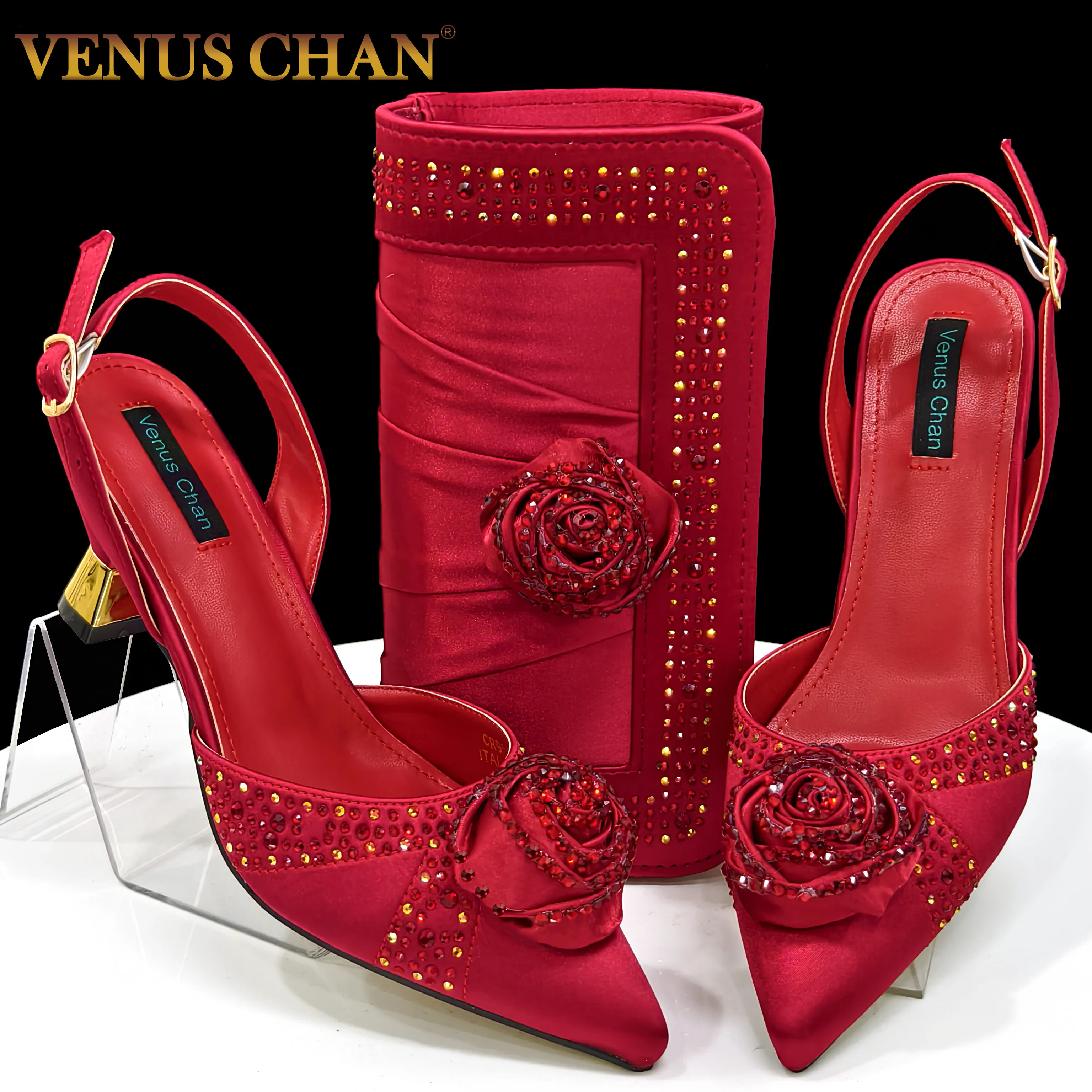 Venus Chan Red Color Roses Decorated Rhinestones Stylish and Elegant Pointed Toe Pumps With Matching Bags for Women's Parties