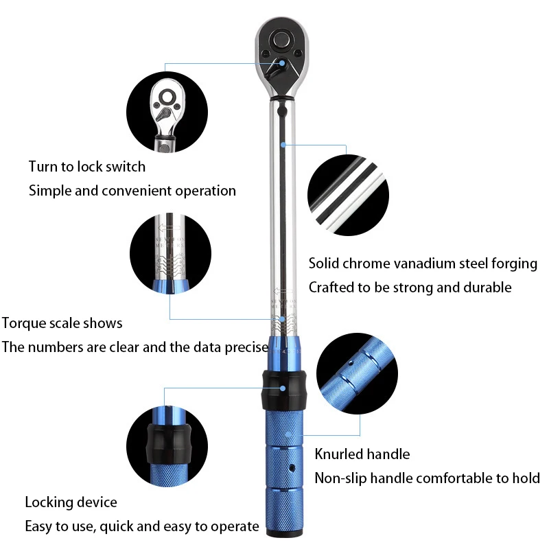 1Pcs Chrome Vanadium Steel Torque Wrench1/2 3/8 Inch 1/4 Drive 5~210Nm Preset Adjustable Auto Repairs Torque Wrench