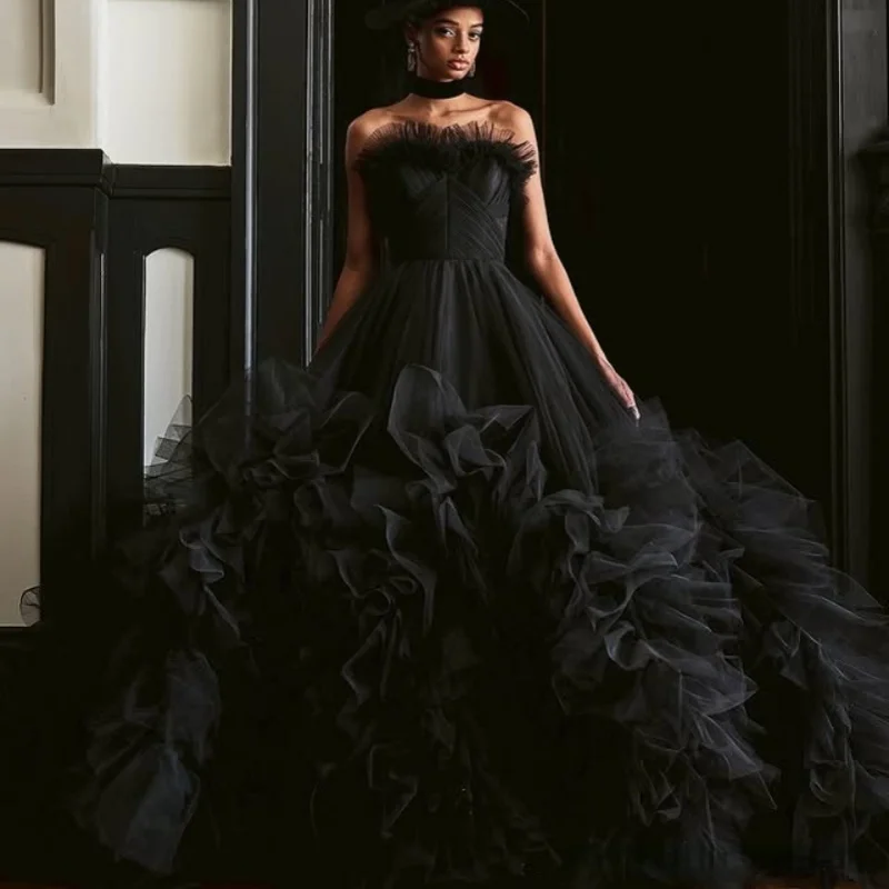 

Black Quinceanera Dress off-shoulder Glitter Crystal Decal Long tail Lace layered ruffles Vestidos De 15 Quinceanera ﻿Customize