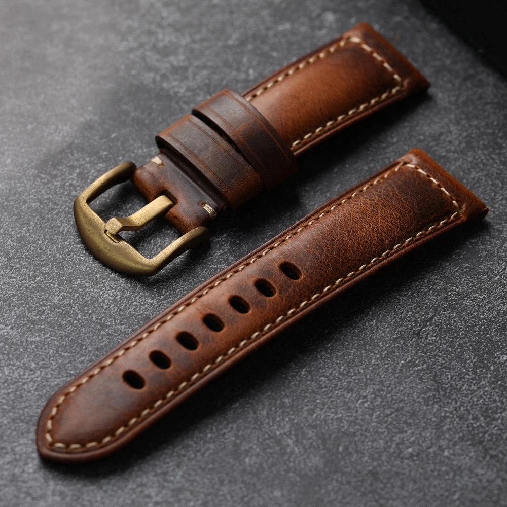 Handmade Top Layer Cowhide Strap, 20MM 22MM 24MM Compatible With Bronze Watch, Pure Copper Clasp, Vintage Men's Watch Chain