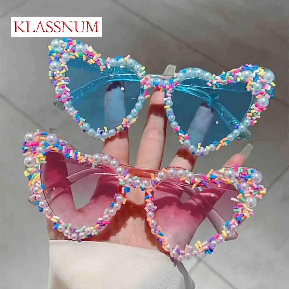

KLASSNUM Women Pearl Decor Shades Festival Unique Heart Shaped Sunglasses Birthday Party Glasses Pink Blue Jelly Color Gafas