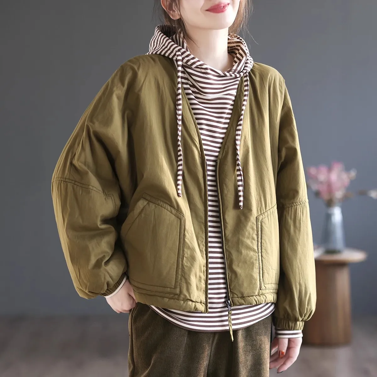 

Женское свободное бейсбольное пальто с хлопковой подкладкой в стиле ретро, теплый открытый кардиган с v-образным вырезом, хлопковая одежда, осень-зима