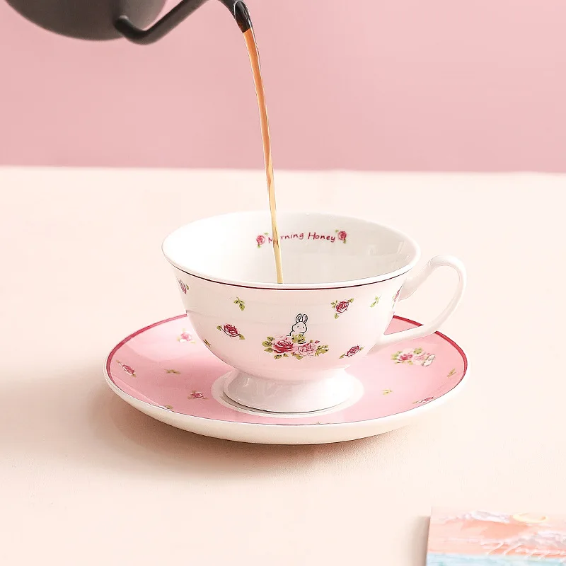 200ML/Pink Ceramic Coffee Cups Plates Cute Bunny Hearts Cupsgirls' Souvenirs High-end Sense Niche Cuteness